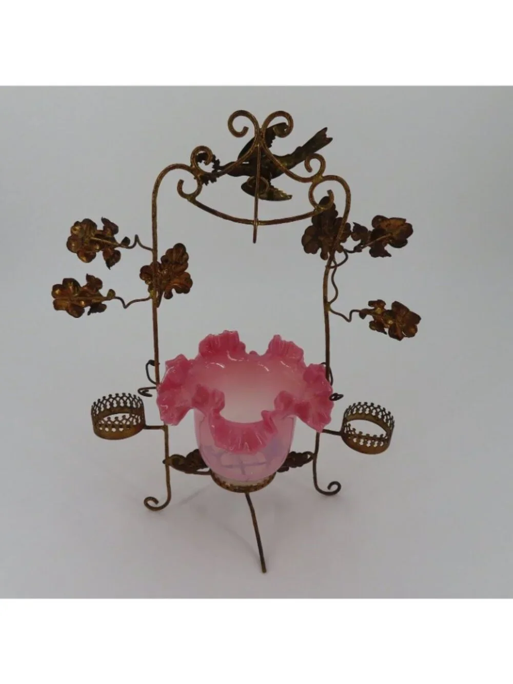 Antique French Gilt Pocket Watch Holder Vanity Pink Glass Bowl Bird Flowers